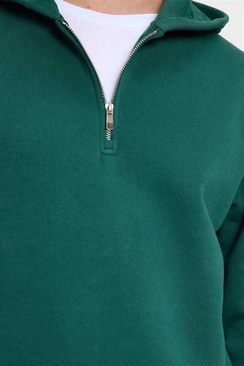 Unisex Relax Fit Rahat Kesim Pamuklu İçi Polarlı Yarım Fermuarlı Haki Kapüşonlu Sweatshirt