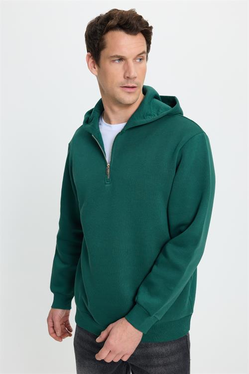 Unisex Relax Fit Rahat Kesim Pamuklu İçi Polarlı Yarım Fermuarlı Haki Kapüşonlu Sweatshirt