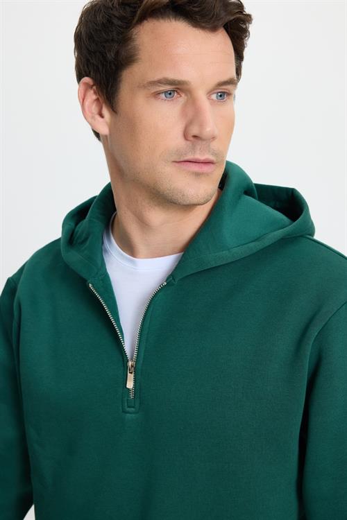 Unisex Relax Fit Rahat Kesim Pamuklu İçi Polarlı Yarım Fermuarlı Haki Kapüşonlu Sweatshirt