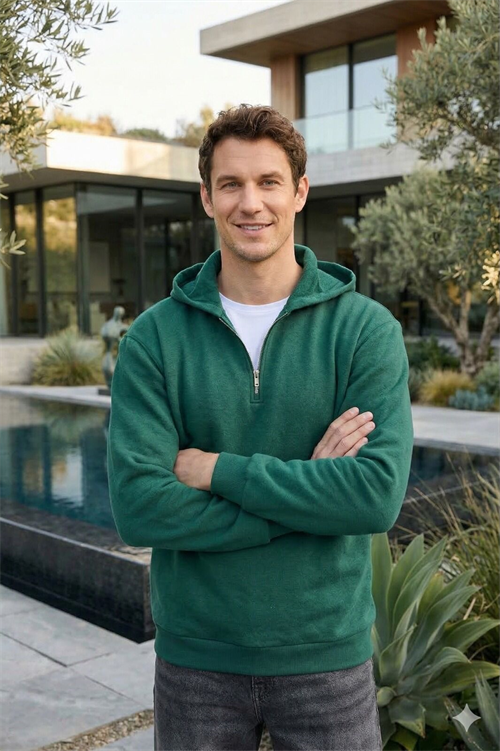 Unisex Relax Fit Rahat Kesim Pamuklu İçi Polarlı Yarım Fermuarlı Haki Kapüşonlu Sweatshirt