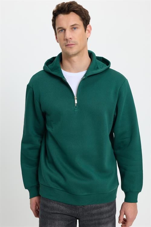 Unisex Relax Fit Rahat Kesim Pamuklu İçi Polarlı Yarım Fermuarlı Haki Kapüşonlu Sweatshirt