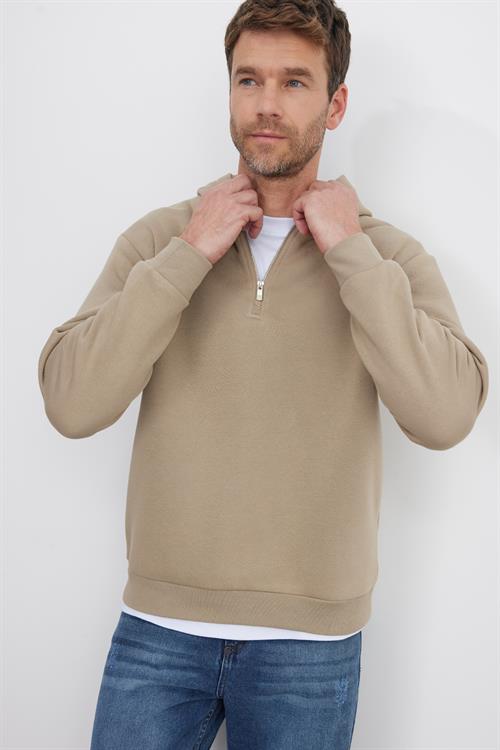 Unisex Relax Fit Rahat Kesim Pamuklu İçi Polarlı Yarım Fermuarlı Taş Renk Kapüşonlu Sweatshirt