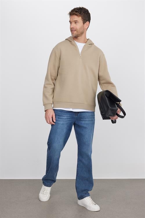 Unisex Relax Fit Rahat Kesim Pamuklu İçi Polarlı Yarım Fermuarlı Taş Renk Kapüşonlu Sweatshirt