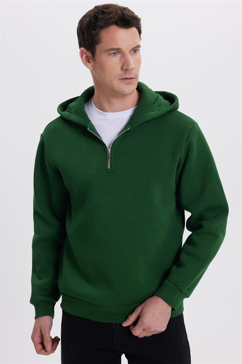 Unisex Relax Fit Rahat Kesim Pamuklu İçi Polarlı Yarım Fermuarlı Yeşil Kapüşonlu Sweatshirt