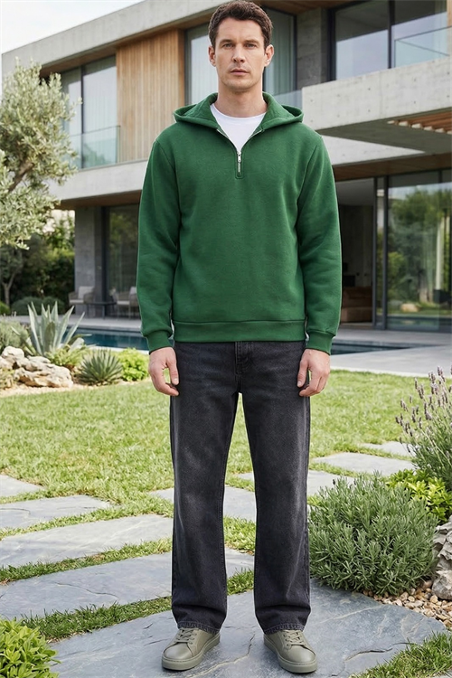 Unisex Relax Fit Rahat Kesim Pamuklu İçi Polarlı Yarım Fermuarlı Yeşil Kapüşonlu Sweatshirt