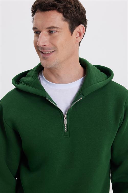 Unisex Relax Fit Rahat Kesim Pamuklu İçi Polarlı Yarım Fermuarlı Yeşil Kapüşonlu Sweatshirt