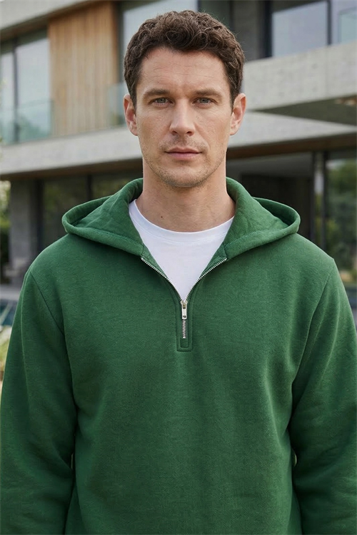 Unisex Relax Fit Rahat Kesim Pamuklu İçi Polarlı Yarım Fermuarlı Yeşil Kapüşonlu Sweatshirt