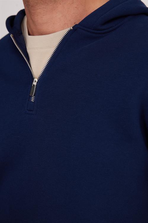 Unisex Relax Fit Rahat Kesim Pamuklu İçi Polarlı Yarım Fermuarlı Lacivert Kapüşonlu Sweatshirt