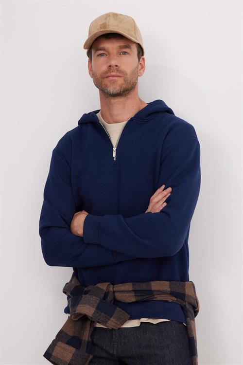 Unisex Relax Fit Rahat Kesim Pamuklu İçi Polarlı Yarım Fermuarlı Lacivert Kapüşonlu Sweatshirt