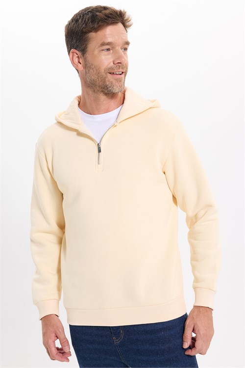 Unisex Relax Fit Rahat Kesim Pamuklu İçi Polarlı Yarım Fermuarlı Taş Kapüşonlu Sweatshirt