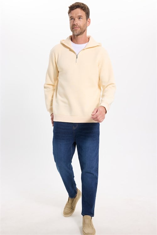 Unisex Relax Fit Rahat Kesim Pamuklu İçi Polarlı Yarım Fermuarlı Taş Kapüşonlu Sweatshirt
