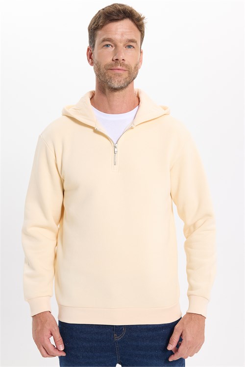 Unisex Relax Fit Rahat Kesim Pamuklu İçi Polarlı Yarım Fermuarlı Taş Kapüşonlu Sweatshirt