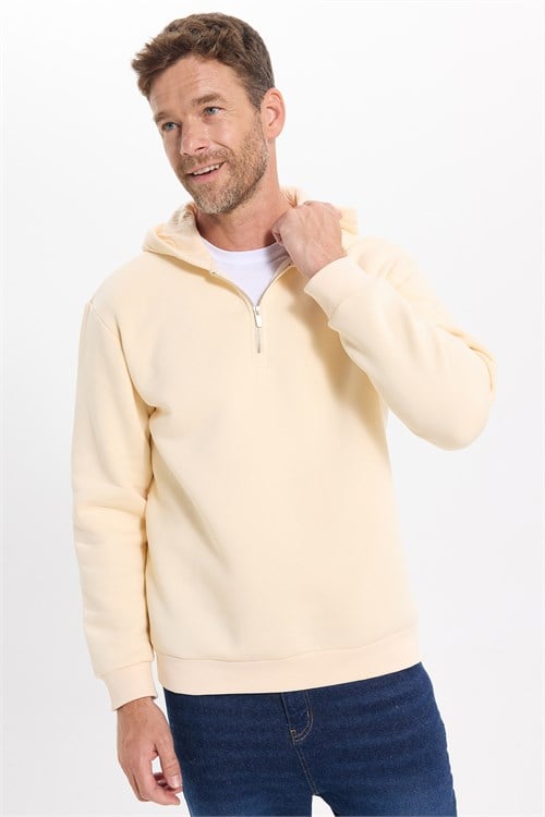 Unisex Relax Fit Rahat Kesim Pamuklu İçi Polarlı Yarım Fermuarlı Taş Kapüşonlu Sweatshirt