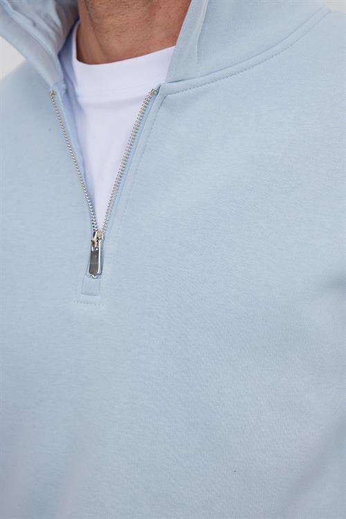 Unisex Relax Fit Rahat Kesim Pamuklu İçi Polarlı Yarım Fermuarlı Mavi Kapüşonlu Sweatshirt