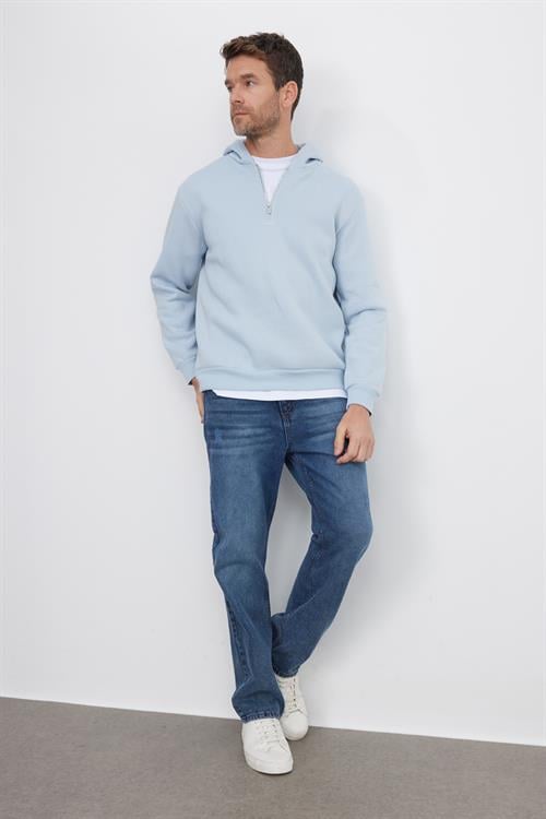 Unisex Relax Fit Rahat Kesim Pamuklu İçi Polarlı Yarım Fermuarlı Mavi Kapüşonlu Sweatshirt