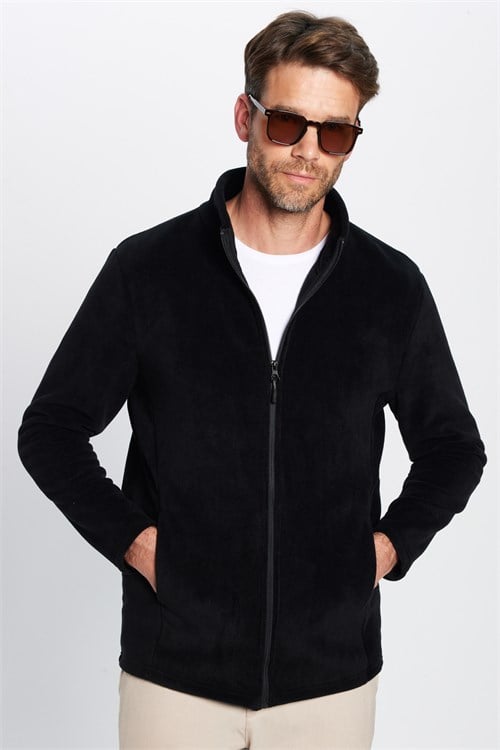 Unisex Siyah Tüylenmeye Karşı Dirençli Standart Fit Tam Fermuarlı Soğuğa Karşı Dayanıklı Polar Hırka