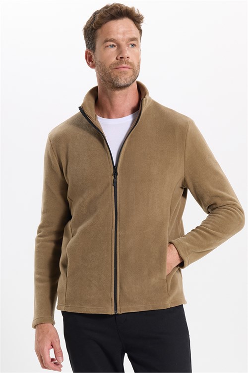 Unisex Haki Tüylenmeye Karşı Dirençli Standart Fit Tam Fermuarlı Soğuğa Karşı Dayanıklı Polar Hırka