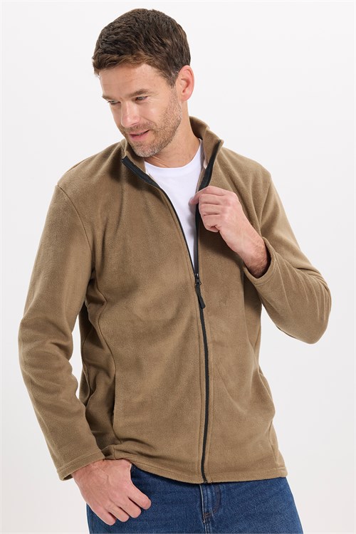 Unisex Haki Tüylenmeye Karşı Dirençli Standart Fit Tam Fermuarlı Soğuğa Karşı Dayanıklı Polar Hırka