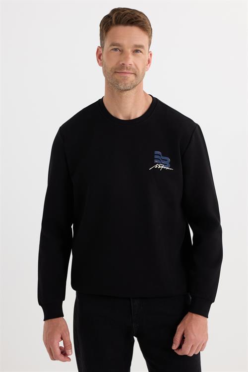 Unisex Relax Fit Pamuklu Yumuşak Dokulu Bisiklet Yaka İçi Polarlı Baskılı Siyah Sweatshirt