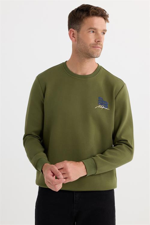 Unisex Relax Fit Pamuklu Yumuşak Dokulu Bisiklet Yaka İçi Polarlı Baskılı Yeşil Sweatshirt