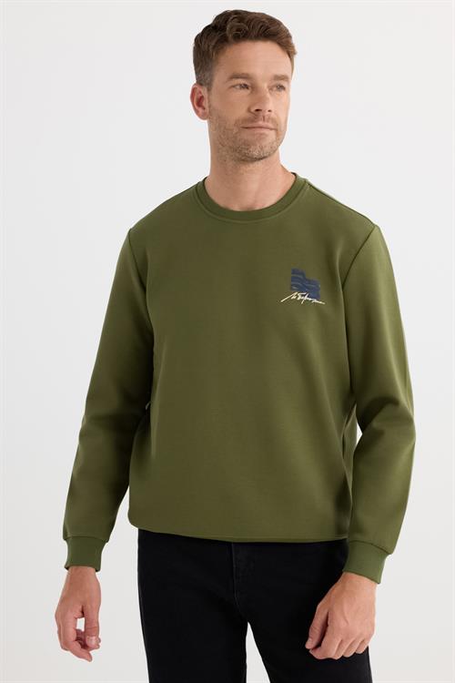 Unisex Relax Fit Pamuklu Yumuşak Dokulu Bisiklet Yaka İçi Polarlı Baskılı Yeşil Sweatshirt