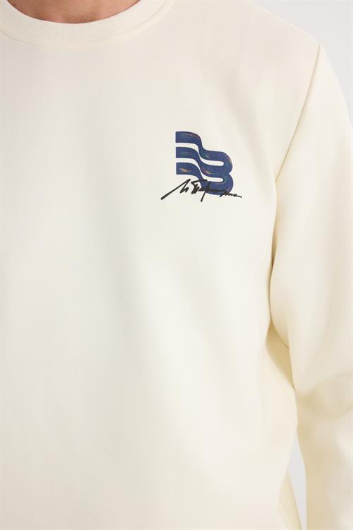 Unisex Relax Fit Rahat Kesim Pamuklu Yumuşak Dokulu Bisklet Yaka İç Polarlı Baskılı Ekru Sweatshirt