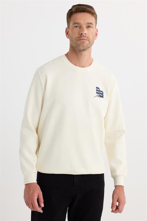 Unisex Relax Fit Rahat Kesim Pamuklu Yumuşak Dokulu Bisklet Yaka İç Polarlı Baskılı Ekru Sweatshirt