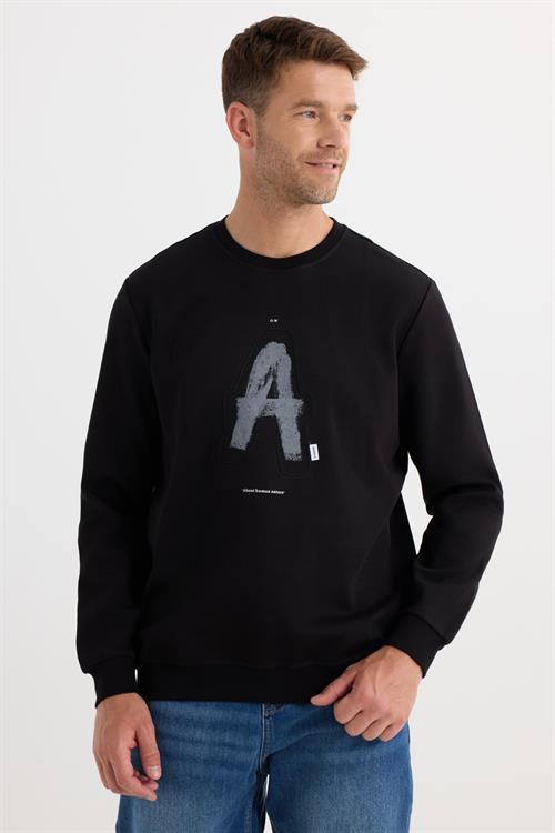 Unisex Relax Fit Rahat Kesim Pamuklu Yumuşak Dokulu Bisklet Yaka İç Polarlı Baskılı Siyah Sweatshirt