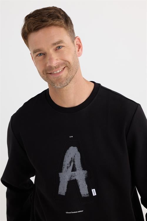Unisex Relax Fit Rahat Kesim Pamuklu Yumuşak Dokulu Bisklet Yaka İç Polarlı Baskılı Siyah Sweatshirt