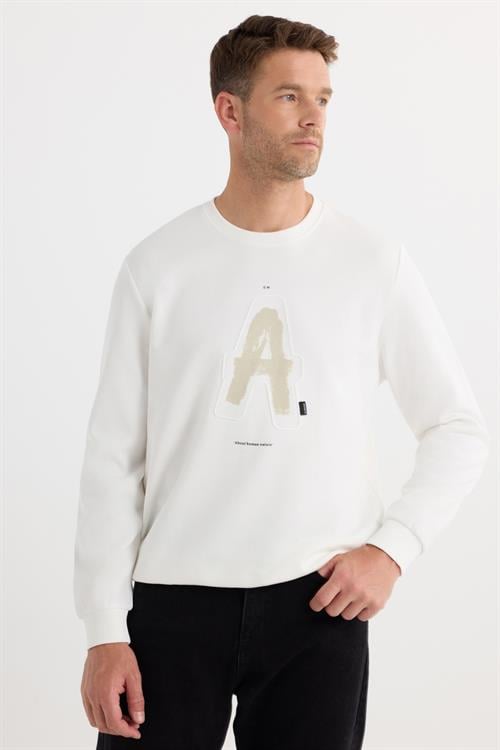 Unisex Relax Fit Rahat Kesim Pamuklu Yumuşak Dokulu Bisklet Yaka İç Polarlı Baskılı Ekru Sweatshirt