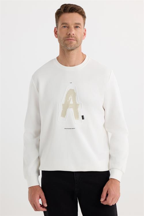 Unisex Relax Fit Rahat Kesim Pamuklu Yumuşak Dokulu Bisklet Yaka İç Polarlı Baskılı Ekru Sweatshirt