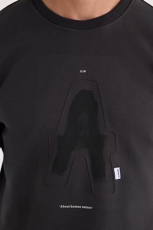 Unisex Relax Fit Pamuklu Yumuşak Dokulu Bisiklet Yaka İçİ Polarlı Baskılı Antrasit Sweatshirt​​​​​​​