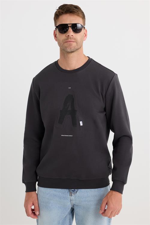 Unisex Relax Fit Pamuklu Yumuşak Dokulu Bisiklet Yaka İçİ Polarlı Baskılı Antrasit Sweatshirt​​​​​​​