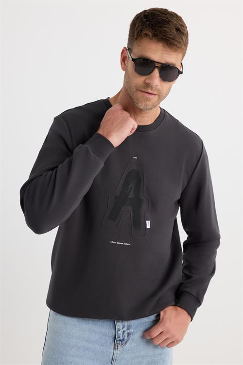 Unisex Relax Fit Pamuklu Yumuşak Dokulu Bisiklet Yaka İçİ Polarlı Baskılı Antrasit Sweatshirt​​​​​​​