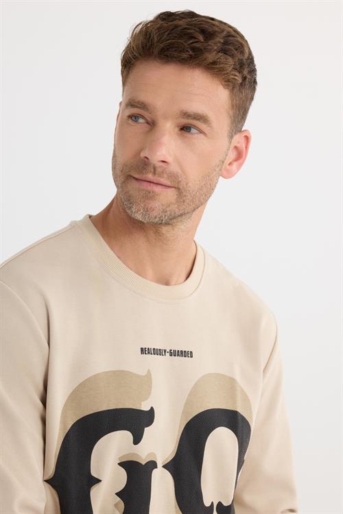 Erkek Relax Fit Rahat Kesim Pamuklu Lastikli Kol Bisiklet Yaka Baskılı Bej Sweatshirt