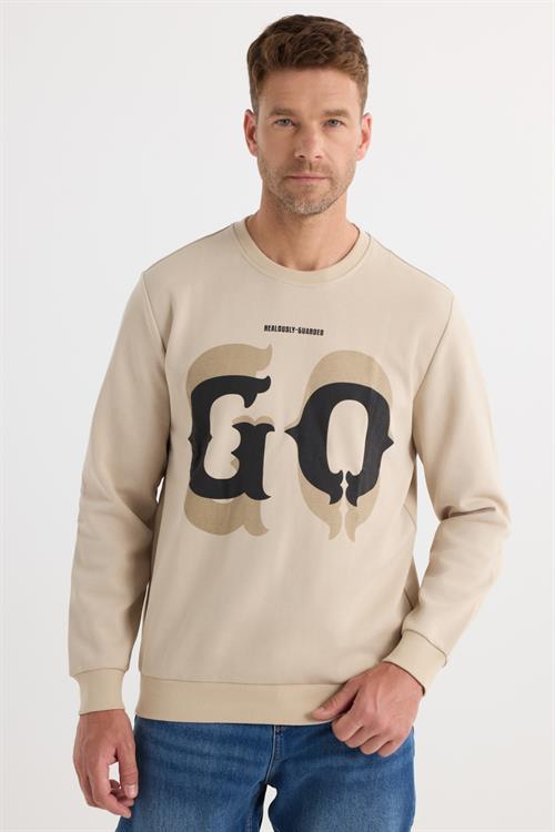 Erkek Relax Fit Rahat Kesim Pamuklu Lastikli Kol Bisiklet Yaka Baskılı Bej Sweatshirt