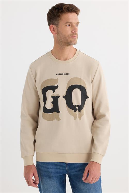 Erkek Relax Fit Rahat Kesim Pamuklu Lastikli Kol Bisiklet Yaka Baskılı Bej Sweatshirt
