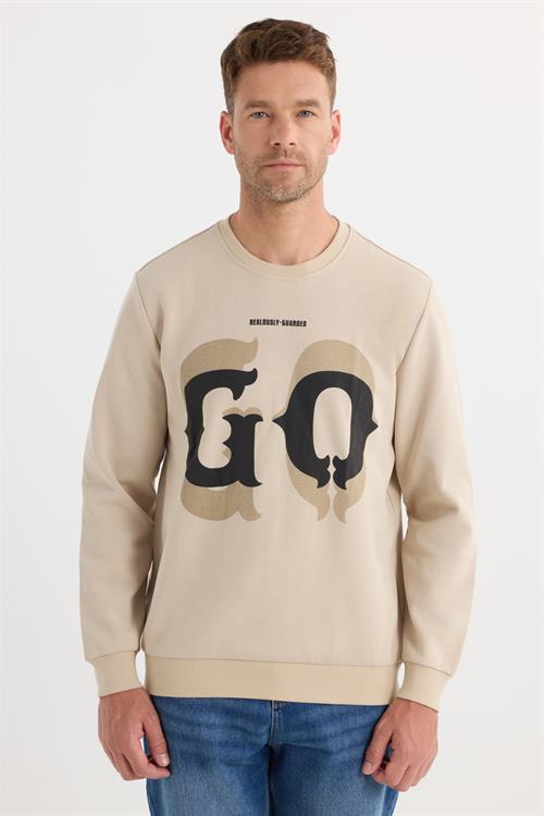 Erkek Relax Fit Rahat Kesim Pamuklu Lastikli Kol Bisiklet Yaka Baskılı Bej Sweatshirt