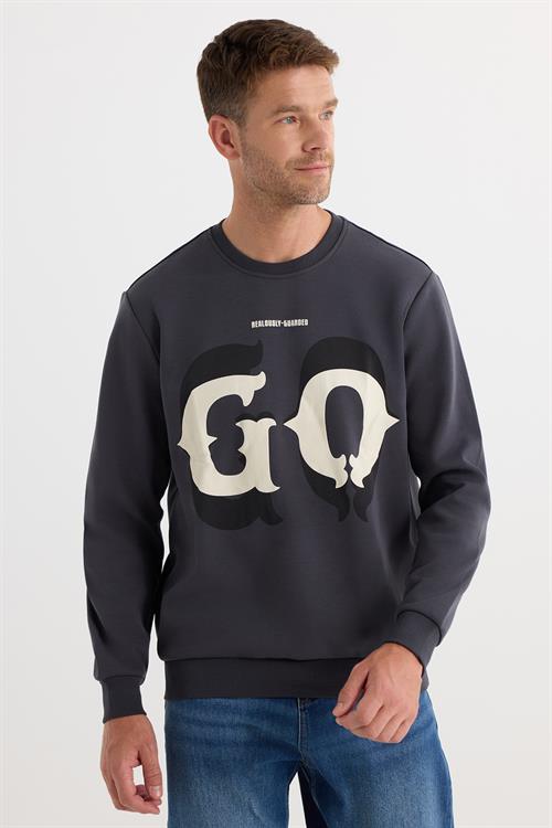 Erkek Relax Fit Rahat Kesim Pamuklu Lastikli Kol Bisiklet Yaka Baskılı Antrasit Sweatshirt