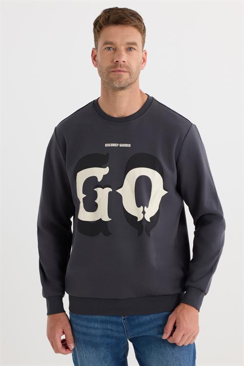 Erkek Relax Fit Rahat Kesim Pamuklu Lastikli Kol Bisiklet Yaka Baskılı Antrasit Sweatshirt