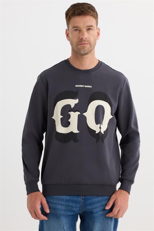 Erkek Relax Fit Rahat Kesim Pamuklu Lastikli Kol Bisiklet Yaka Baskılı Antrasit Sweatshirt