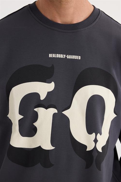 Erkek Relax Fit Rahat Kesim Pamuklu Lastikli Kol Bisiklet Yaka Baskılı Antrasit Sweatshirt