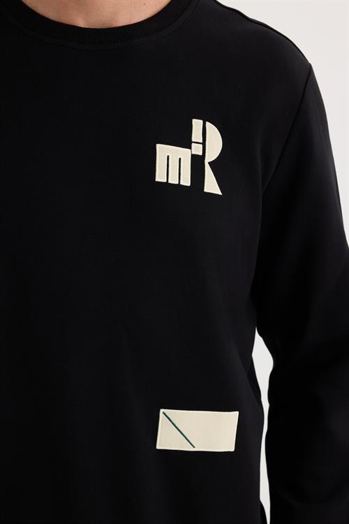 Erkek Relax Fit Rahat Kesim Pamuklu Lastikli Kol Bisiklet Yaka Baskılı Siyah Sweatshirt