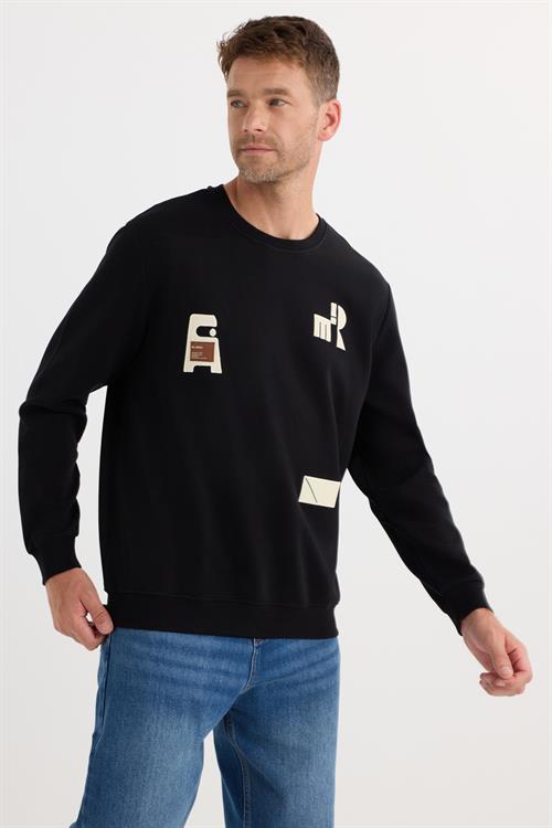 Erkek Relax Fit Rahat Kesim Pamuklu Lastikli Kol Bisiklet Yaka Baskılı Siyah Sweatshirt