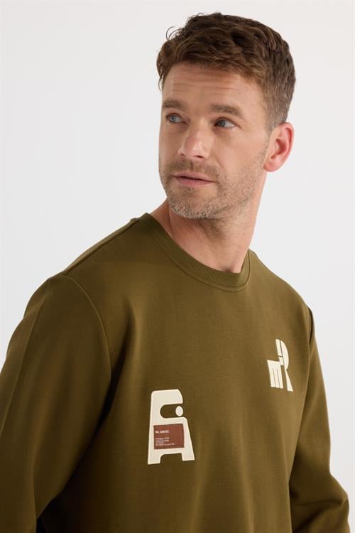 Erkek Relax Fit Rahat Kesim Pamuklu Lastikli Kol Bisiklet Yaka Baskılı Haki Sweatshirt