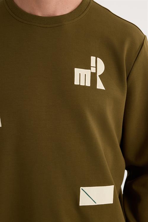 Erkek Relax Fit Rahat Kesim Pamuklu Lastikli Kol Bisiklet Yaka Baskılı Haki Sweatshirt