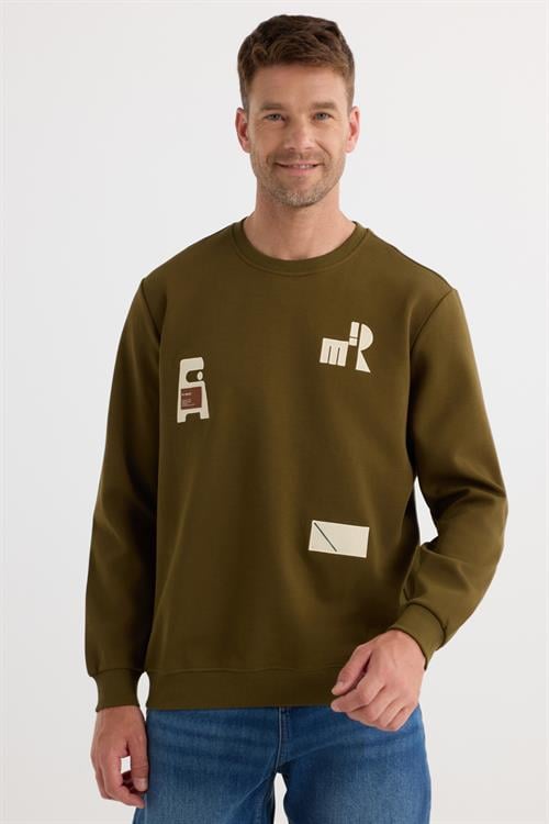 Erkek Relax Fit Rahat Kesim Pamuklu Lastikli Kol Bisiklet Yaka Baskılı Haki Sweatshirt