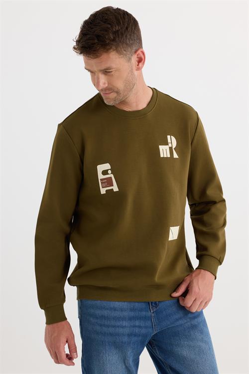 Erkek Relax Fit Rahat Kesim Pamuklu Lastikli Kol Bisiklet Yaka Baskılı Haki Sweatshirt