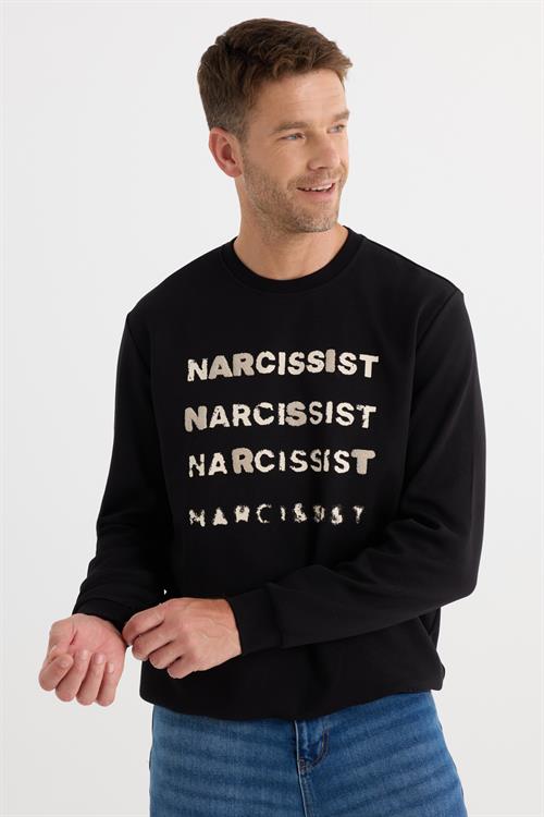 Unisex Oversize Geniş Kesim Pamuklu Yumuşak Dokulu Bisklet Yaka İçi Polarlı Baskılı Siyah Sweatshirt