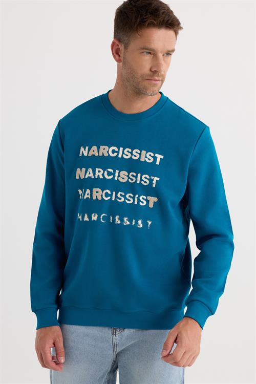 Unisex Oversize Pamuklu Yumuşak Dokulu Bisiklet Yaka İçi Polarlı Baskılı Turkuaz Sweatshirt​​​​​​​